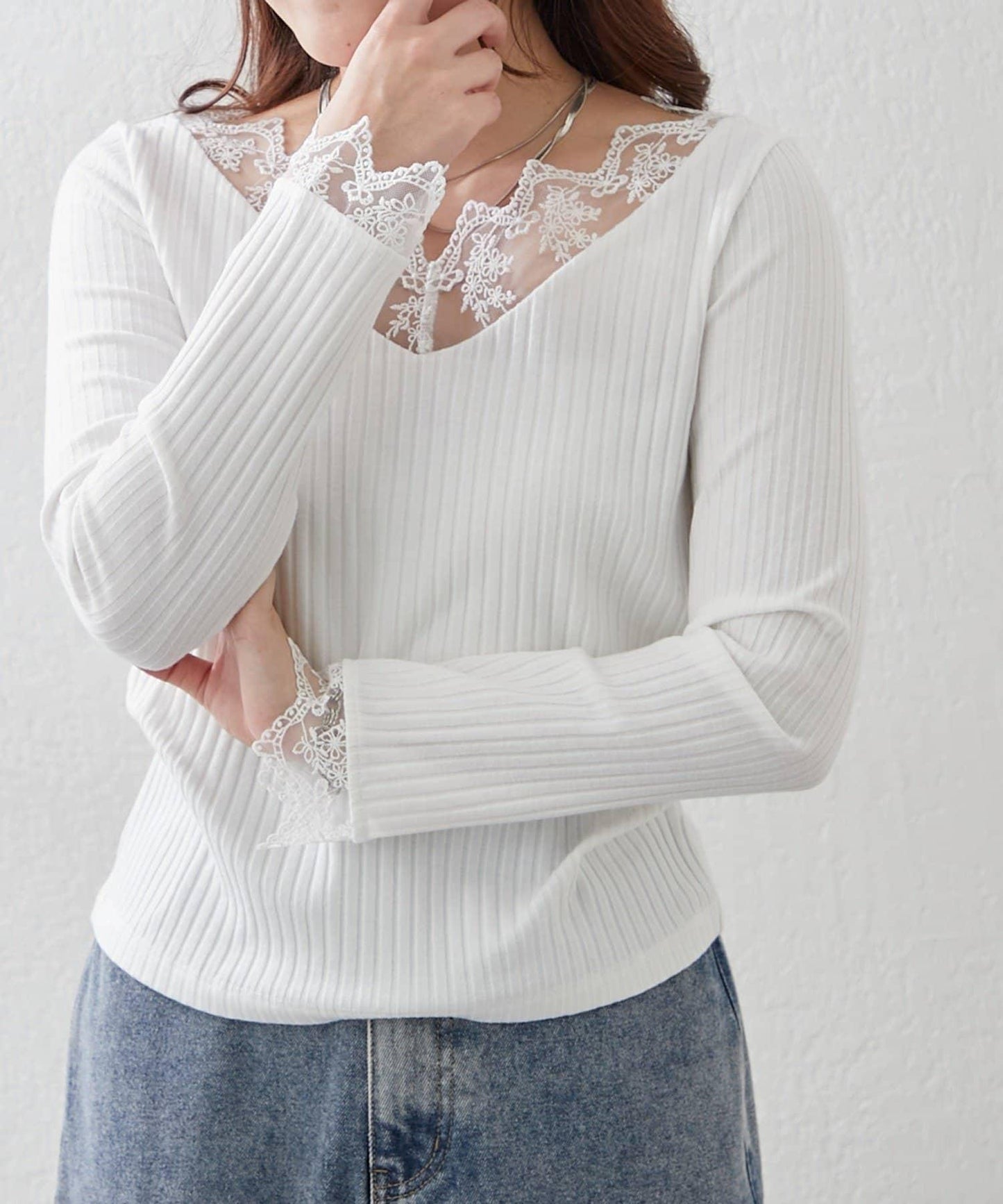 基礎款 羅紋 V字蕾絲 長袖套頭上衣