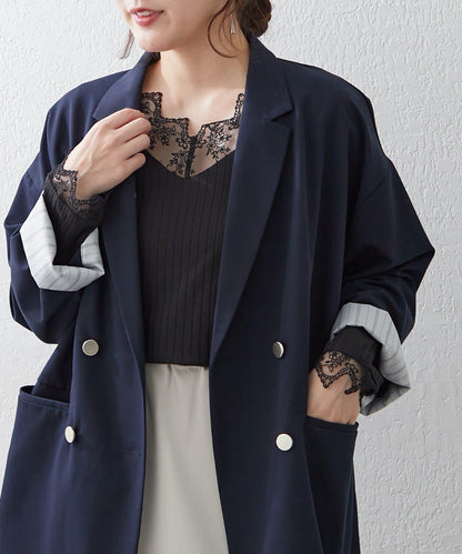 基礎款 羅紋 V字蕾絲 長袖套頭上衣