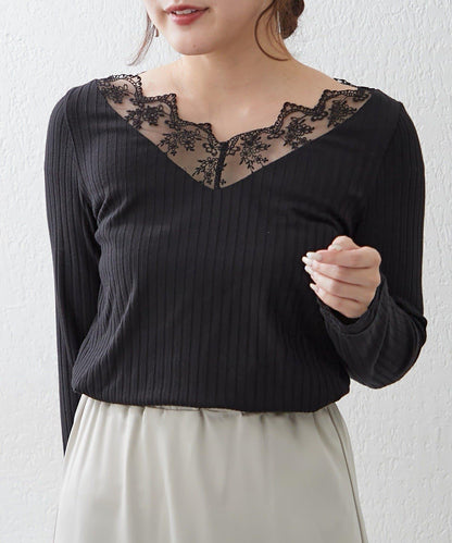 基礎款 羅紋 V字蕾絲 長袖套頭上衣