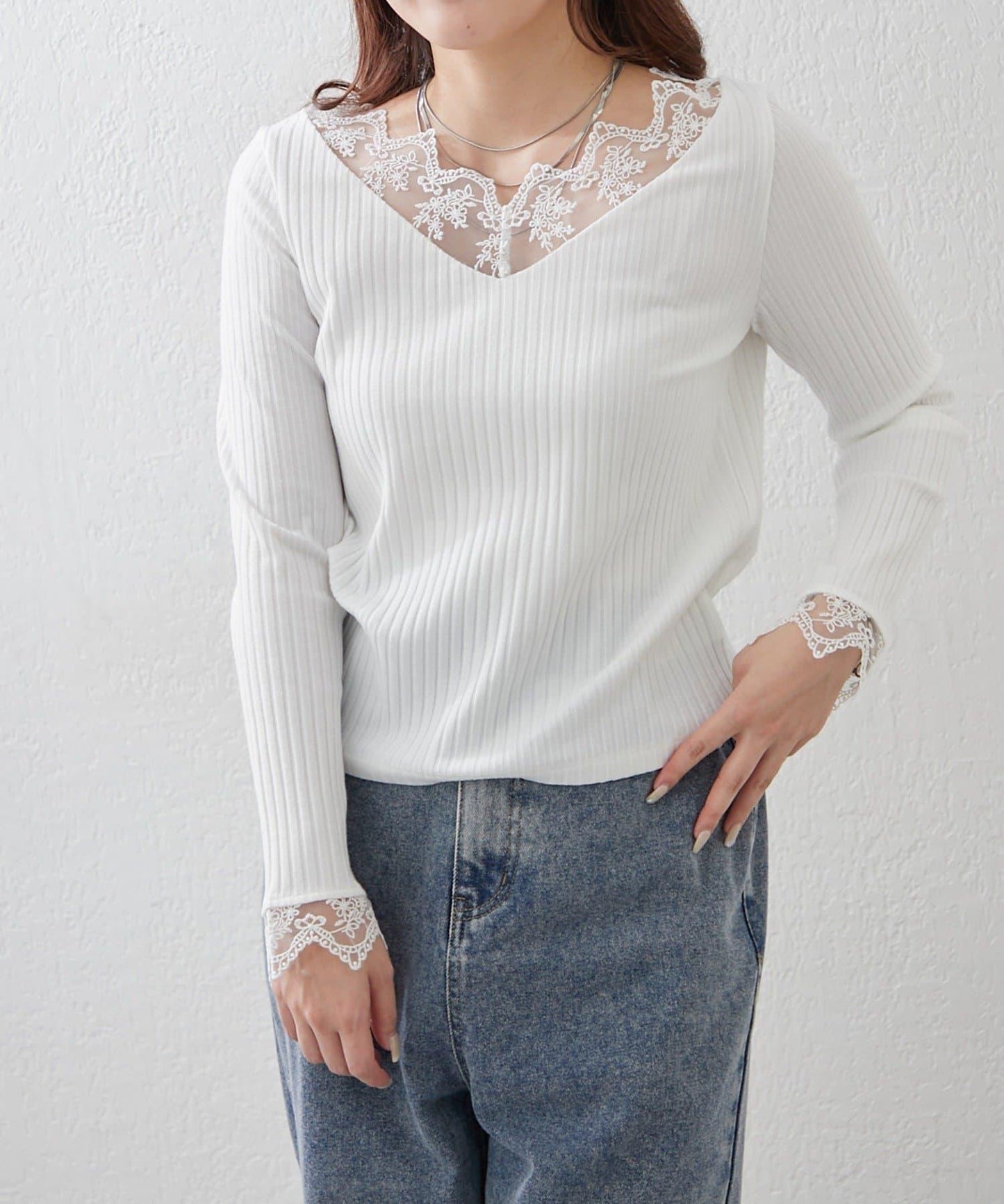 基礎款 羅紋 V字蕾絲 長袖套頭上衣