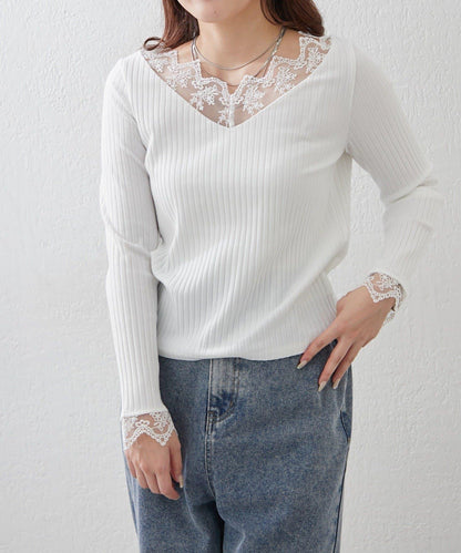 基礎款 羅紋 V字蕾絲 長袖套頭上衣