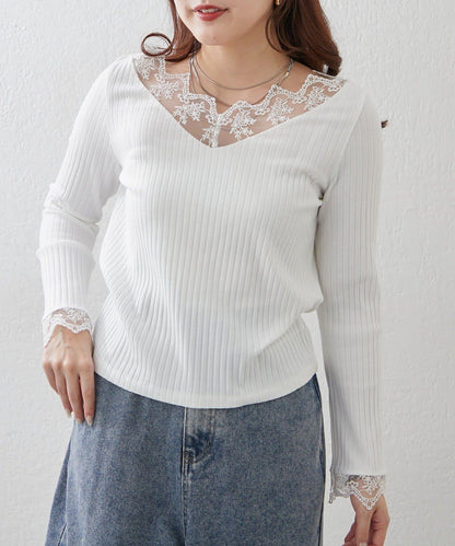 基礎款 羅紋 V字蕾絲 長袖套頭上衣