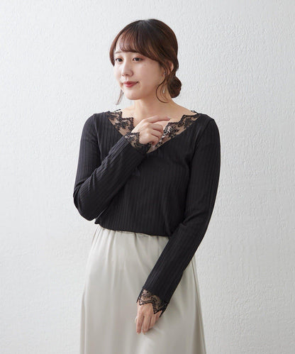 基礎款 羅紋 V字蕾絲 長袖套頭上衣