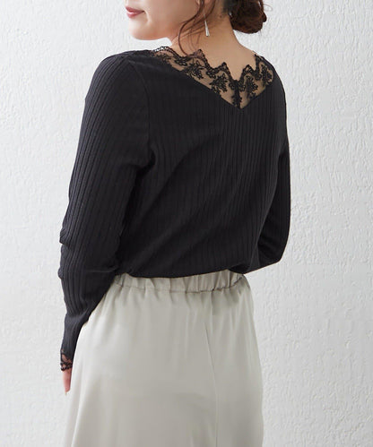 基礎款 羅紋 V字蕾絲 長袖套頭上衣