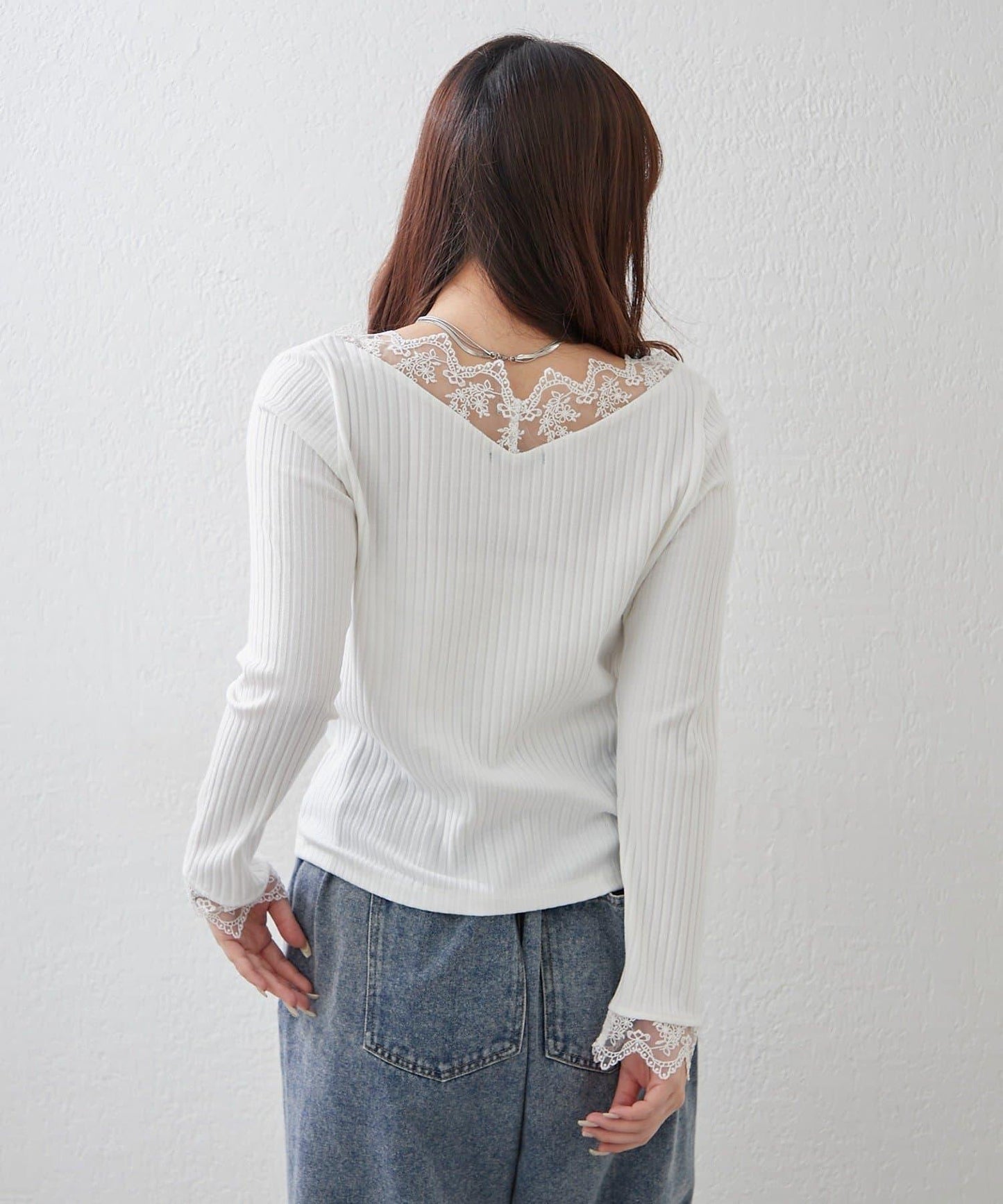 基礎款 羅紋 V字蕾絲 長袖套頭上衣