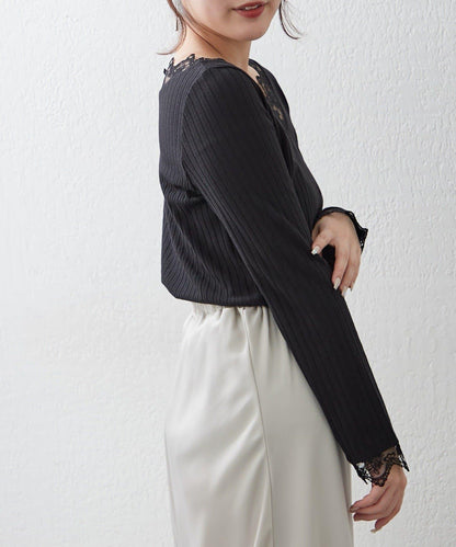 基礎款 羅紋 V字蕾絲 長袖套頭上衣