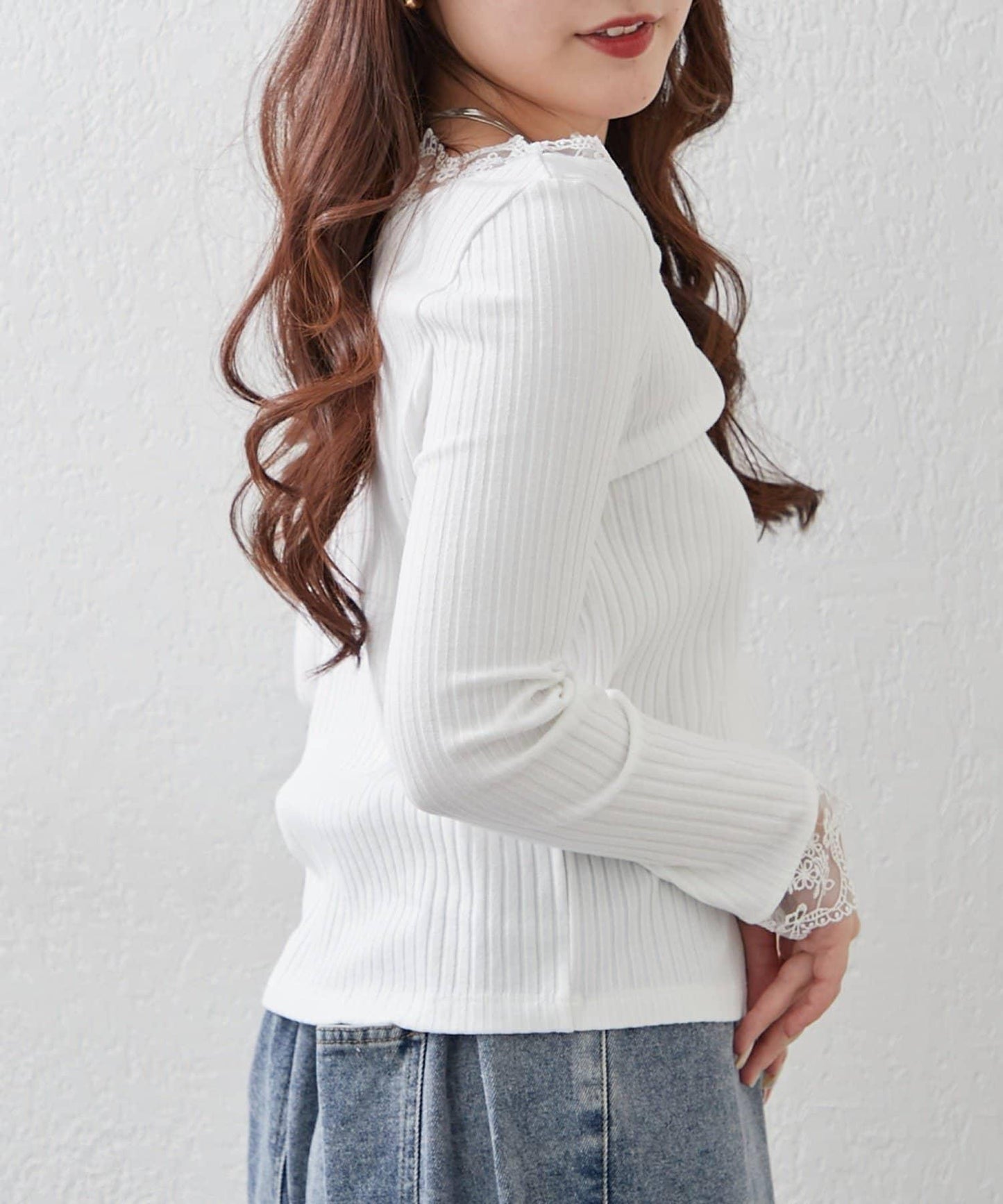 基礎款 羅紋 V字蕾絲 長袖套頭上衣
