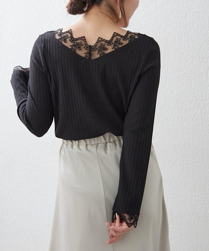基礎款 羅紋 V字蕾絲 長袖套頭上衣