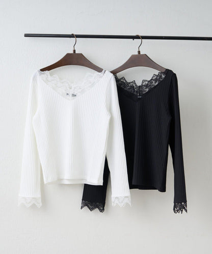 基礎款 羅紋 V字蕾絲 長袖套頭上衣