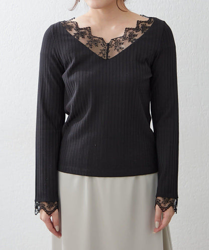 基礎款 羅紋 V字蕾絲 長袖套頭上衣