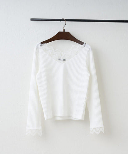 基礎款 羅紋 V字蕾絲 長袖套頭上衣