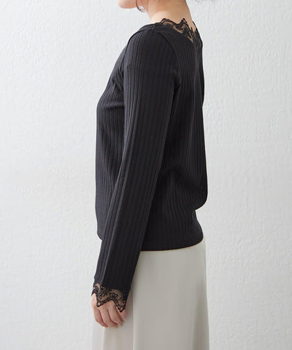 基礎款 羅紋 V字蕾絲 長袖套頭上衣