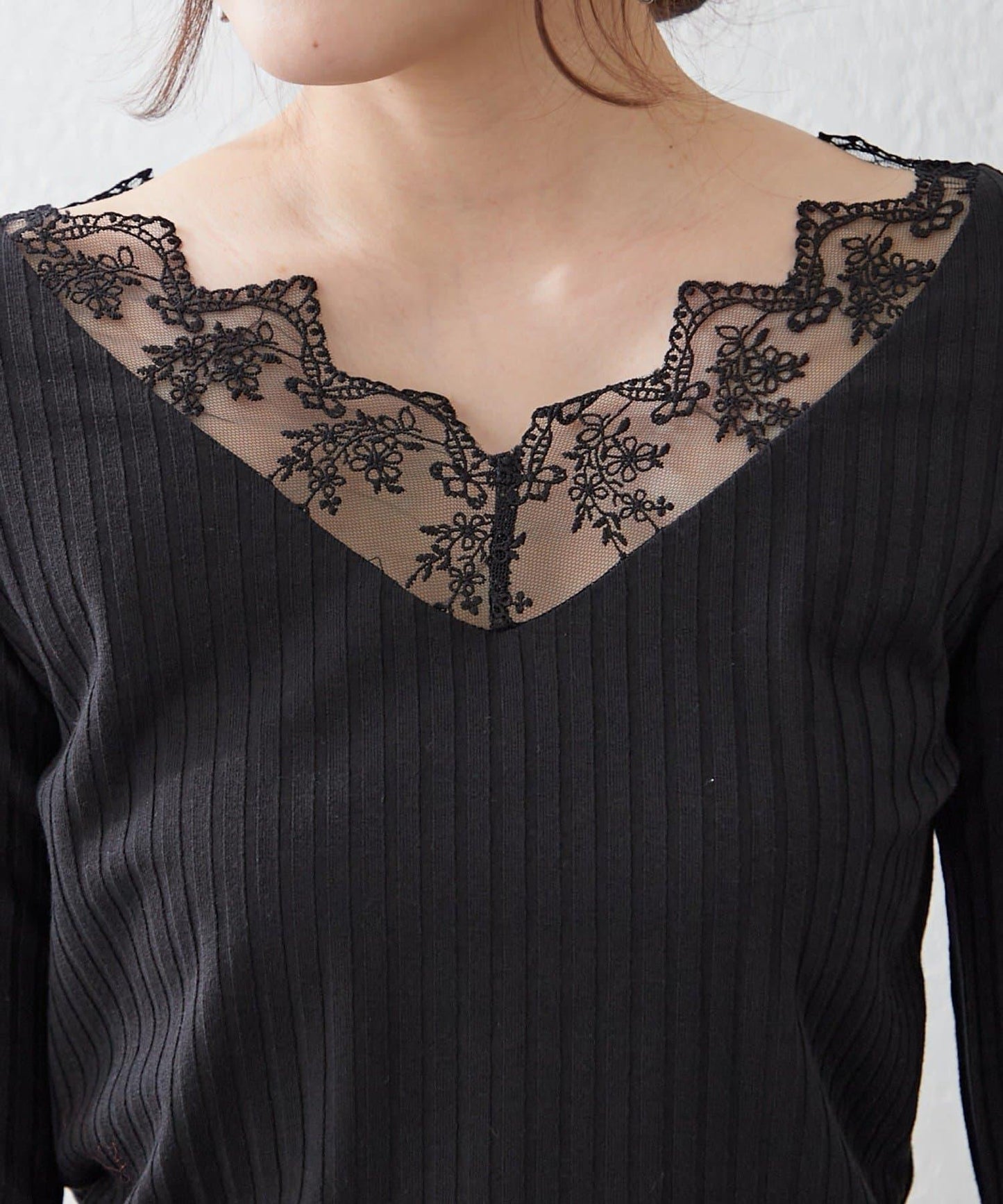 基礎款 羅紋 V字蕾絲 長袖套頭上衣