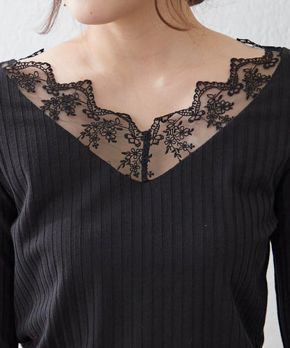 基礎款 羅紋 V字蕾絲 長袖套頭上衣