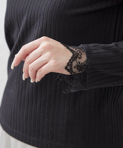 基礎款 羅紋 V字蕾絲 長袖套頭上衣