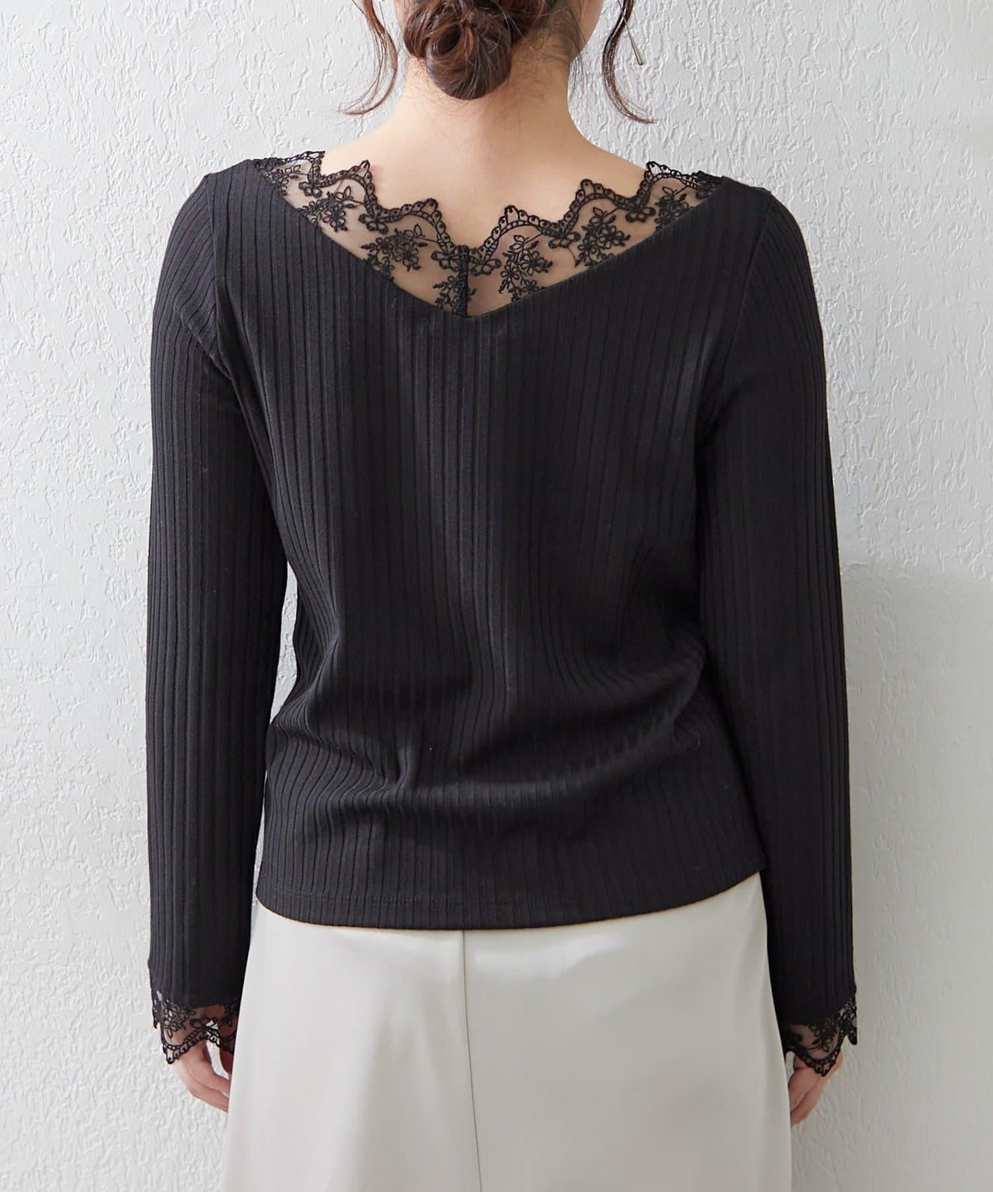 基礎款 羅紋 V字蕾絲 長袖套頭上衣