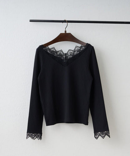 基礎款 羅紋 V字蕾絲 長袖套頭上衣