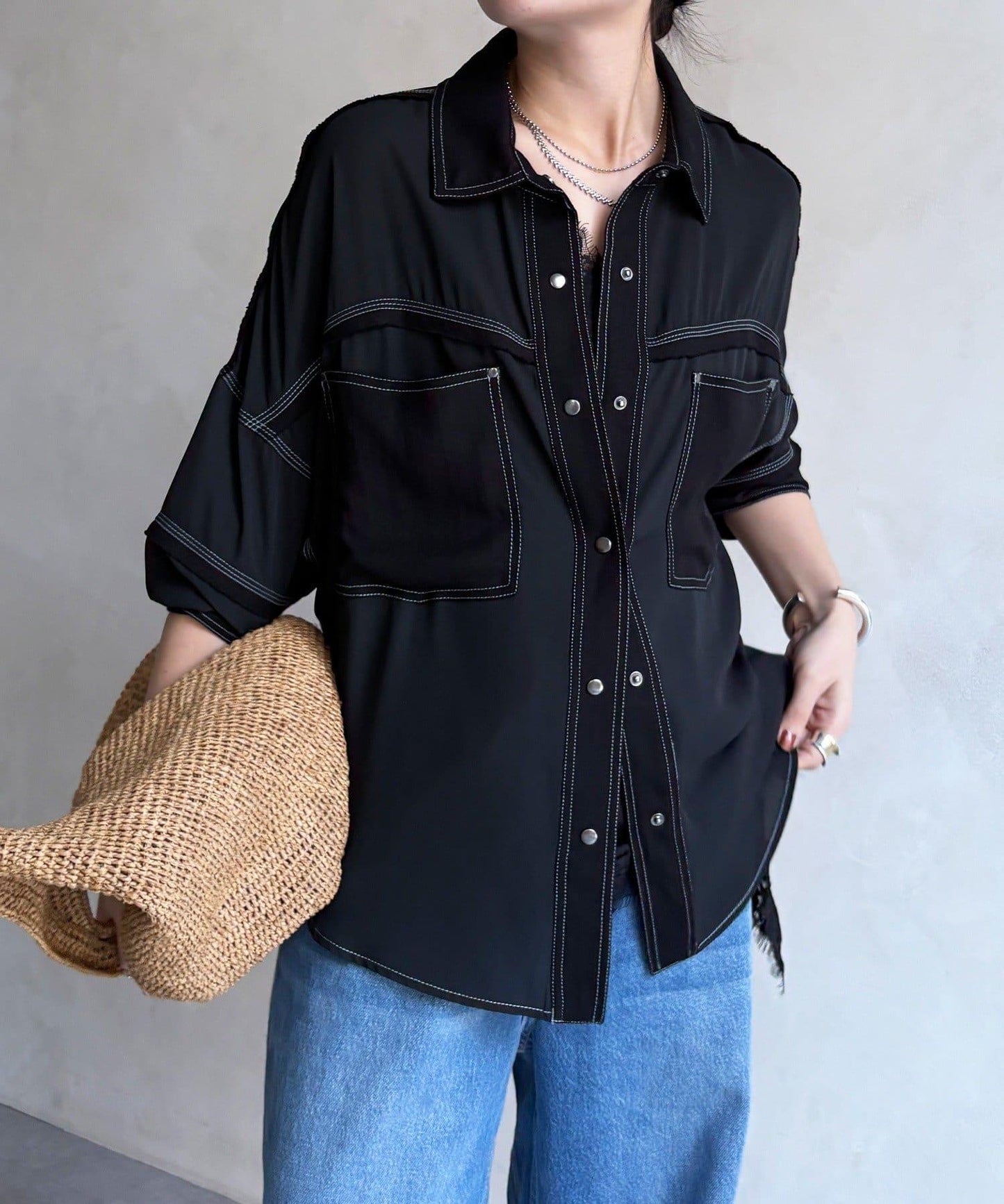 異材質拼接 織帶裝飾 襯衫