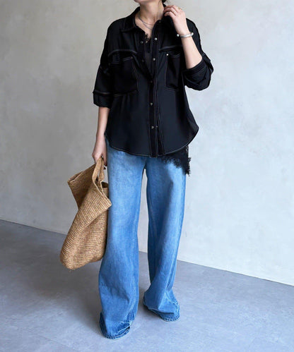 異材質拼接 織帶裝飾 襯衫