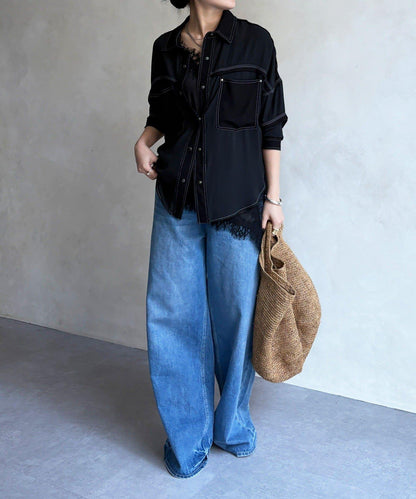 異材質拼接 織帶裝飾 襯衫