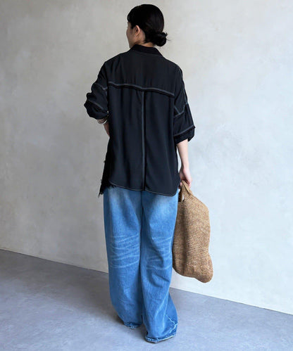 異材質拼接 織帶裝飾 襯衫