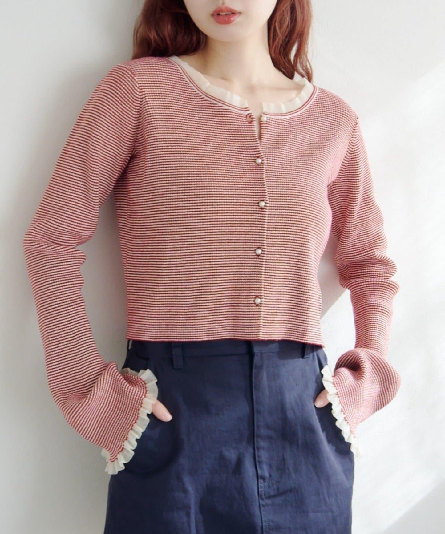 珍珠紐扣荷葉邊針織開衫