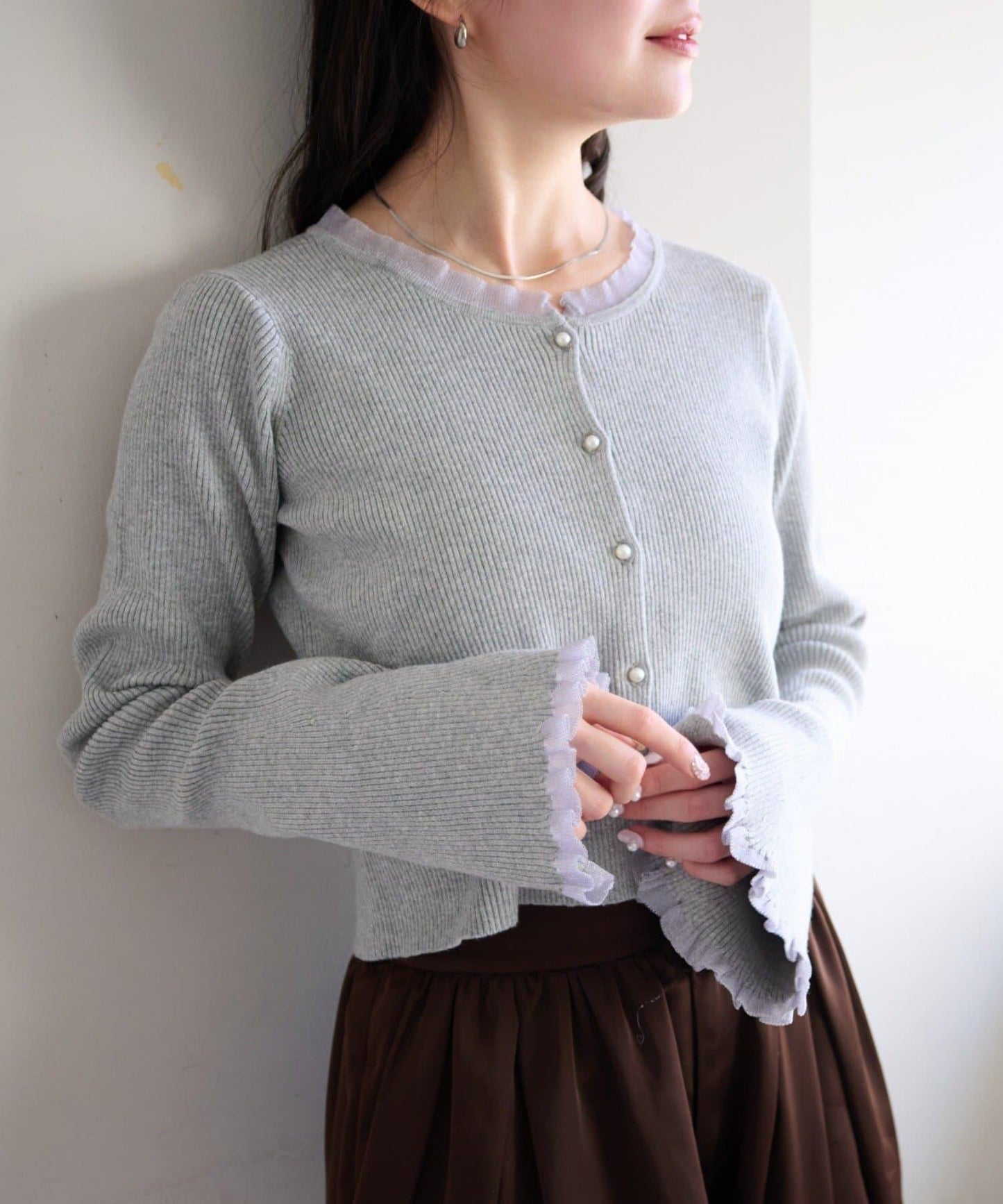 珍珠紐扣荷葉邊針織開衫