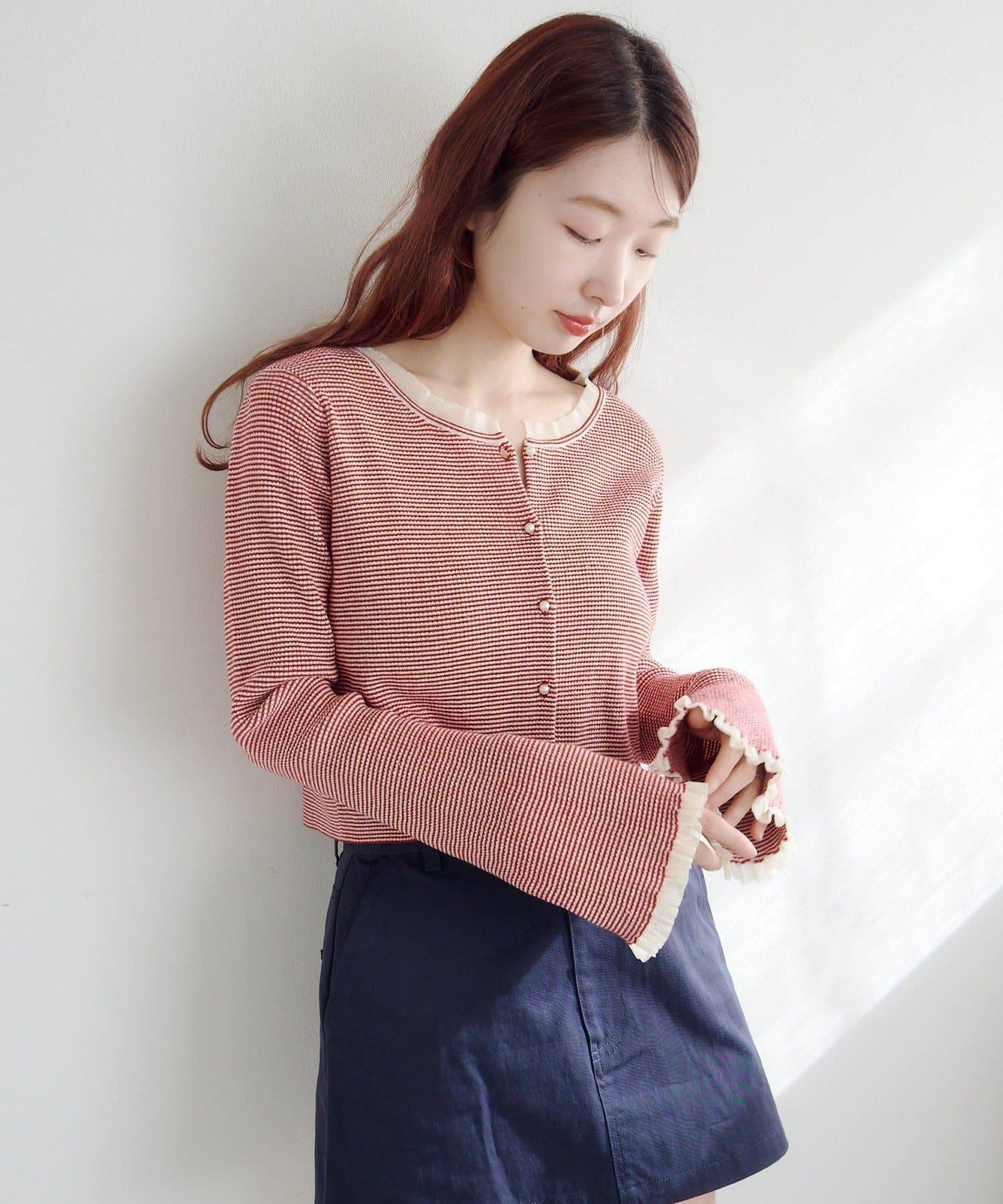 珍珠紐扣荷葉邊針織開衫