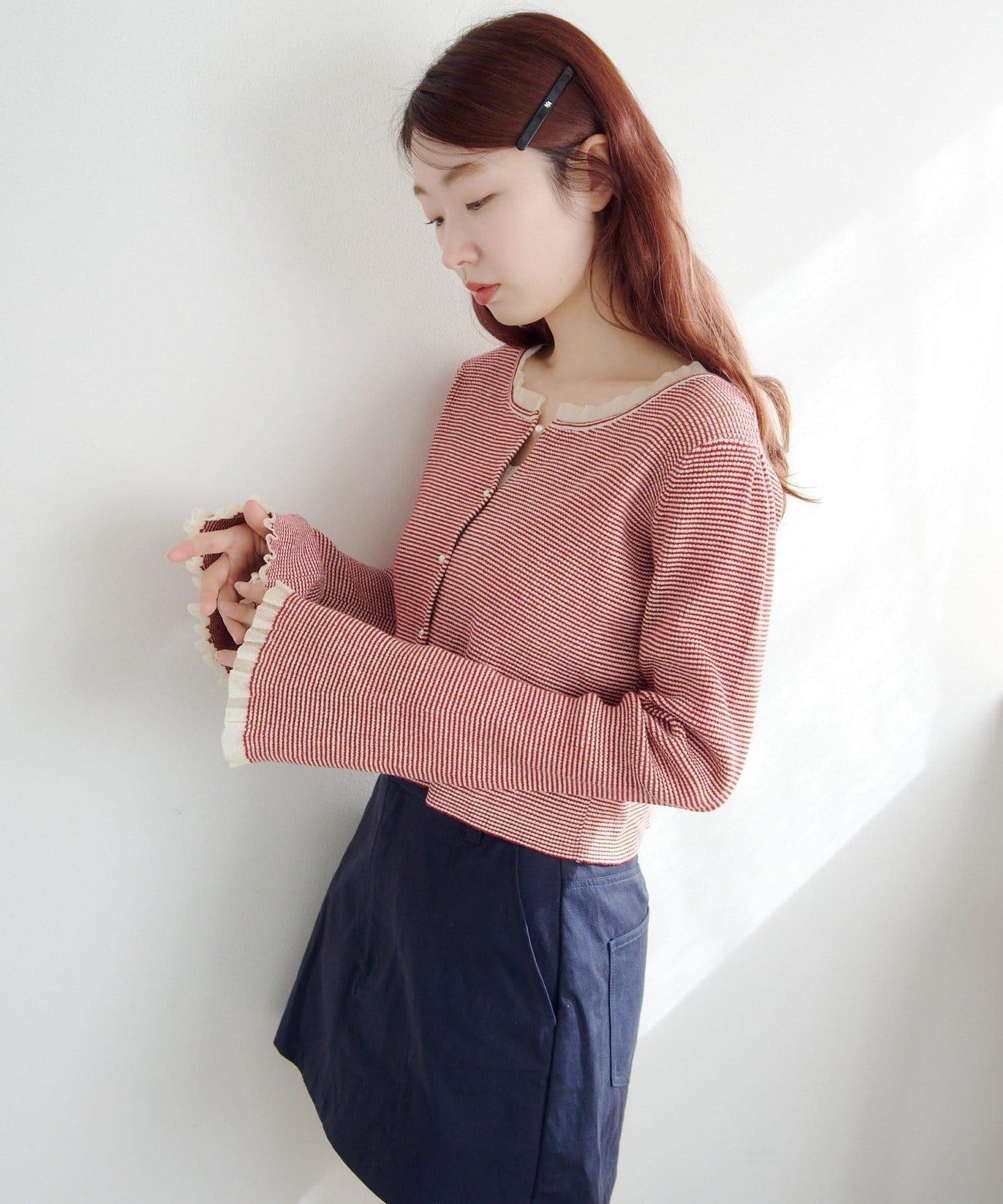 珍珠紐扣荷葉邊針織開衫