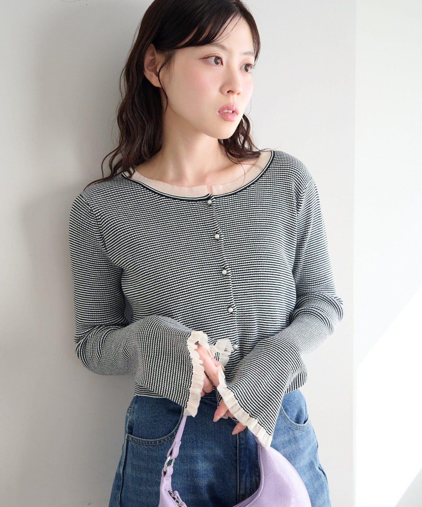 珍珠紐扣荷葉邊針織開衫