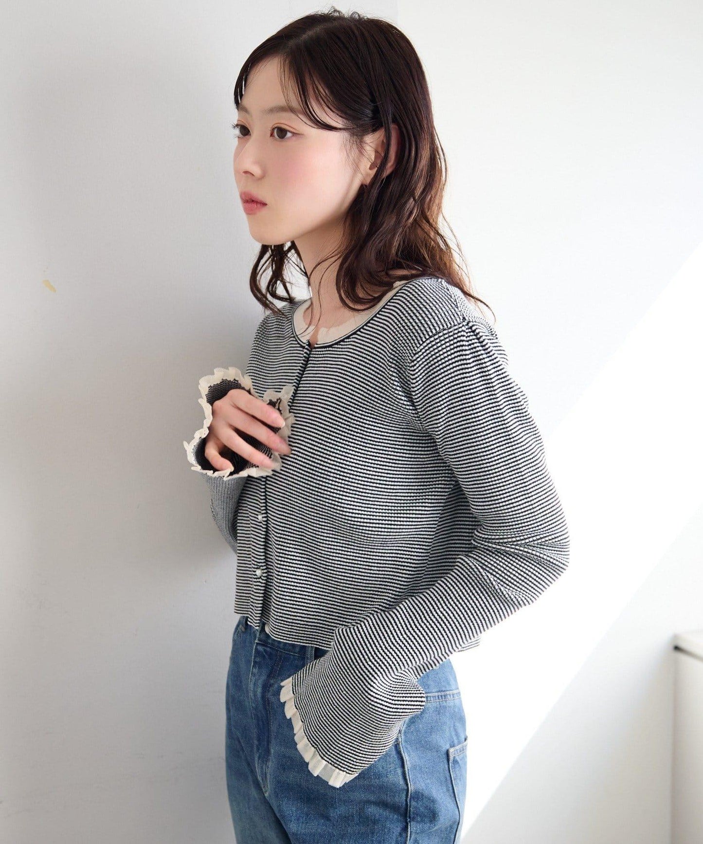 珍珠紐扣荷葉邊針織開衫