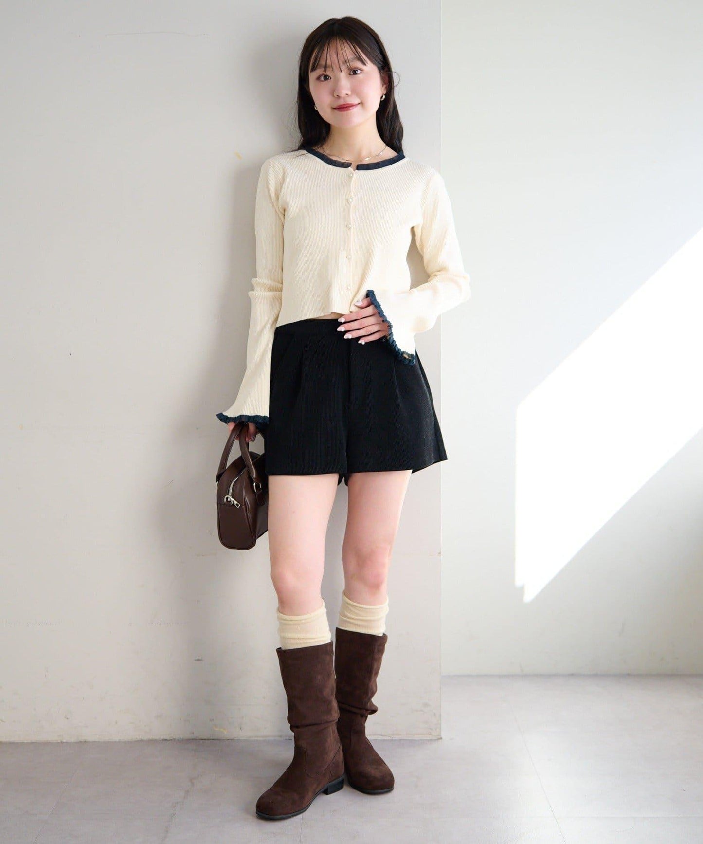 珍珠紐扣荷葉邊針織開衫