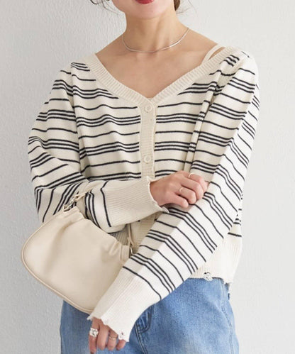 B 條紋做舊 針織開衫 B款