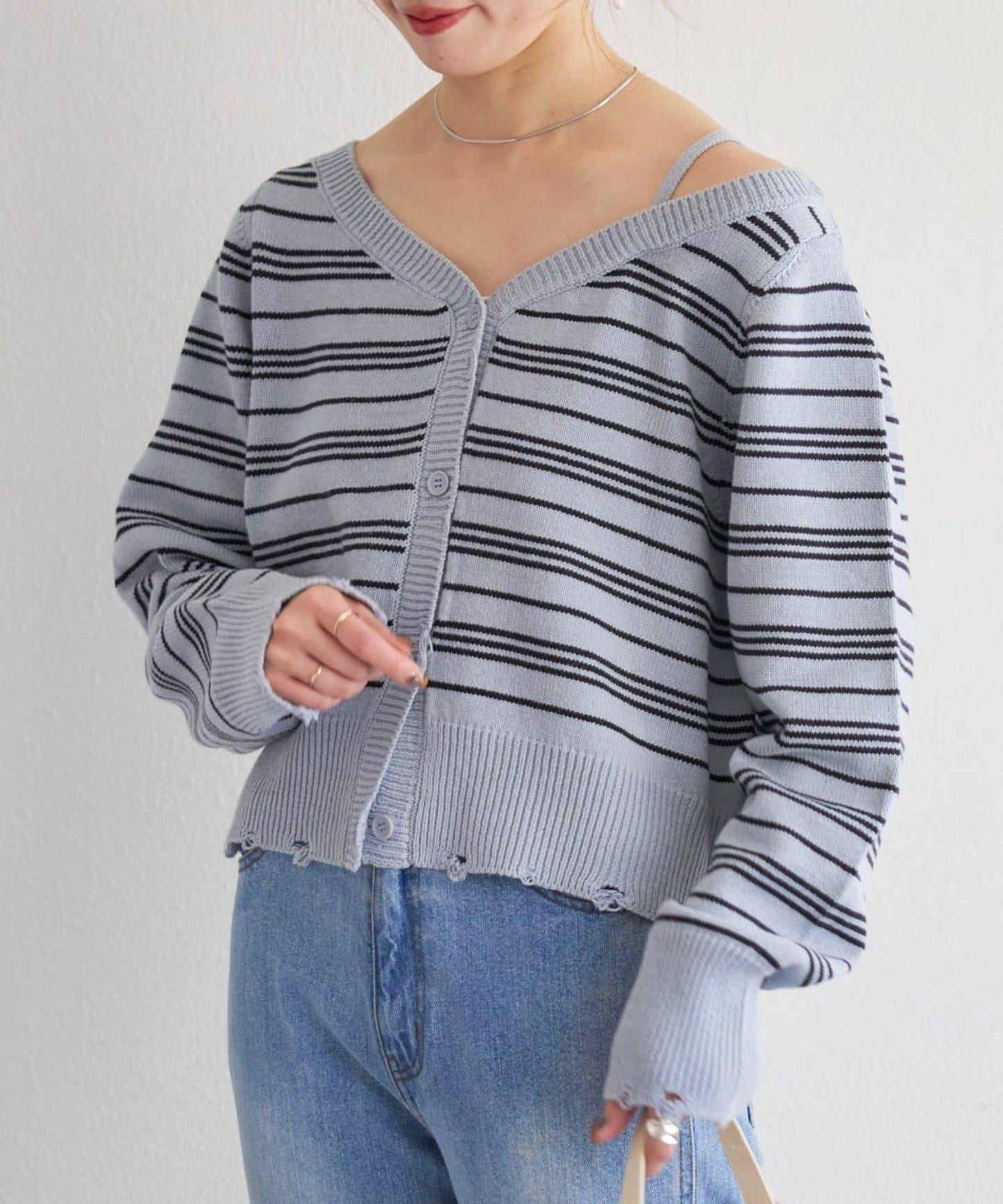 B 條紋做舊 針織開衫 B款
