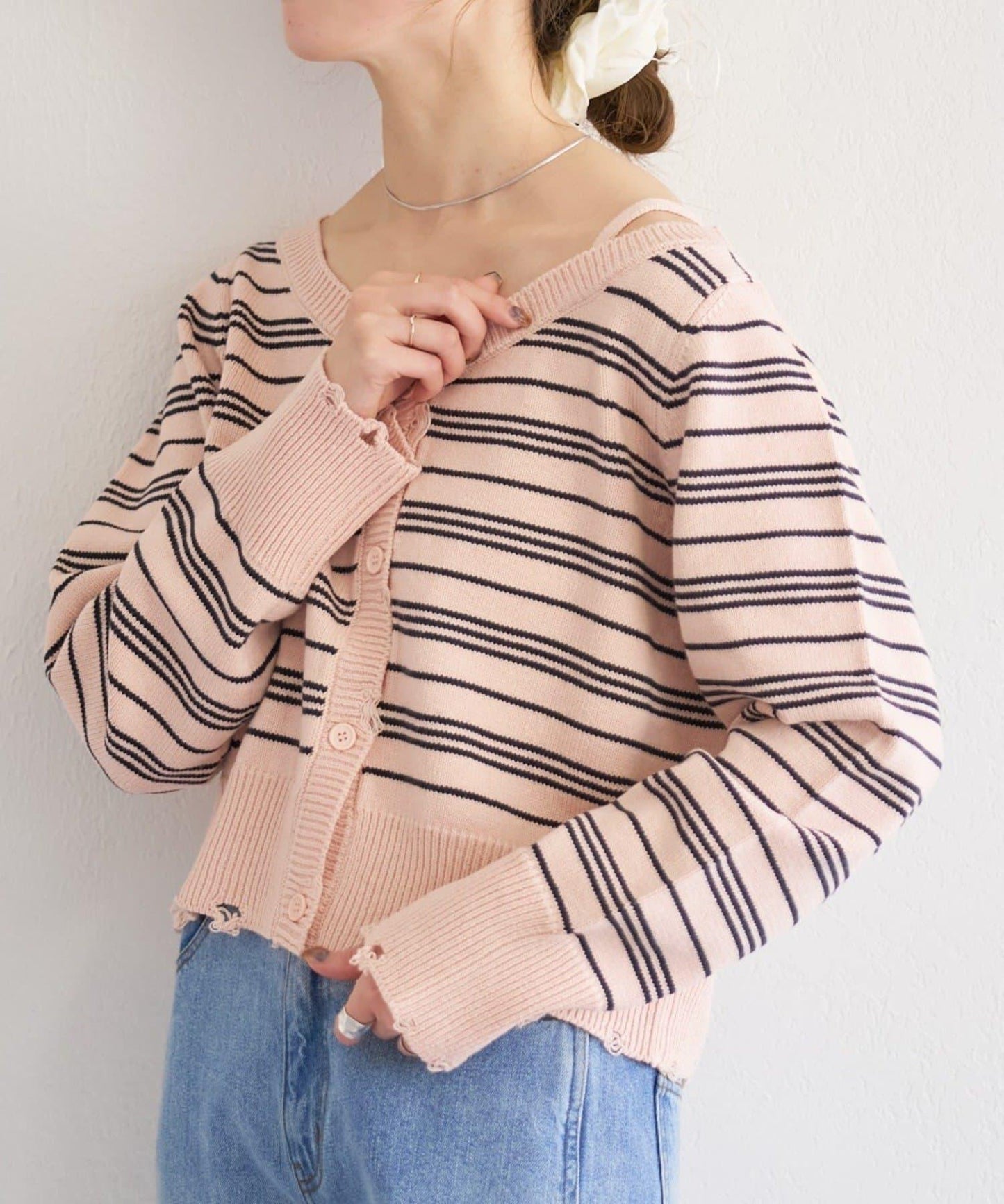 B 條紋做舊 針織開衫 B款