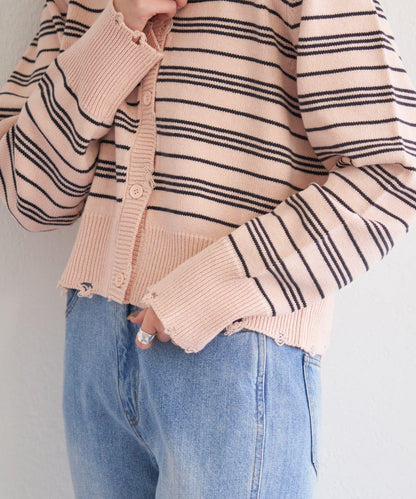 B 條紋做舊 針織開衫 B款