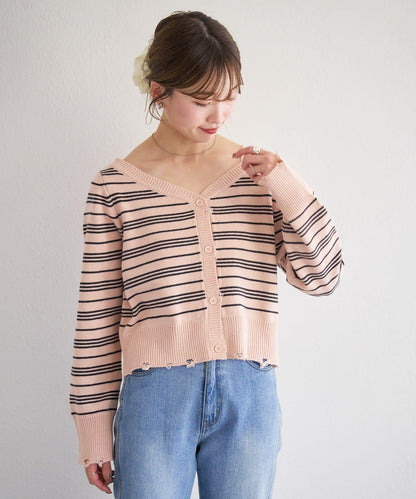 B 條紋做舊 針織開衫 B款