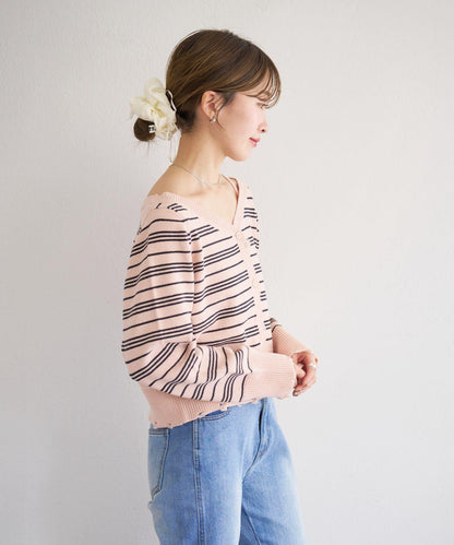 B 條紋做舊 針織開衫 B款