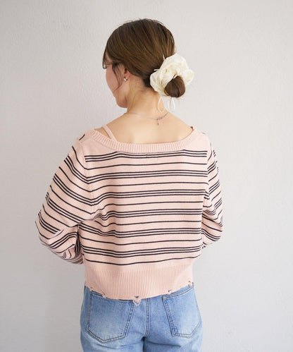 B 條紋做舊 針織開衫 B款