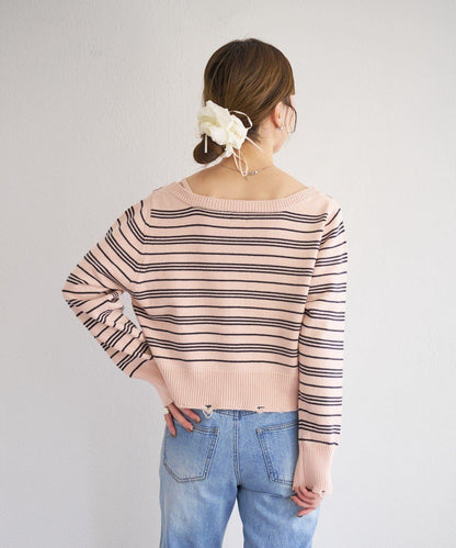 B 條紋做舊 針織開衫 B款