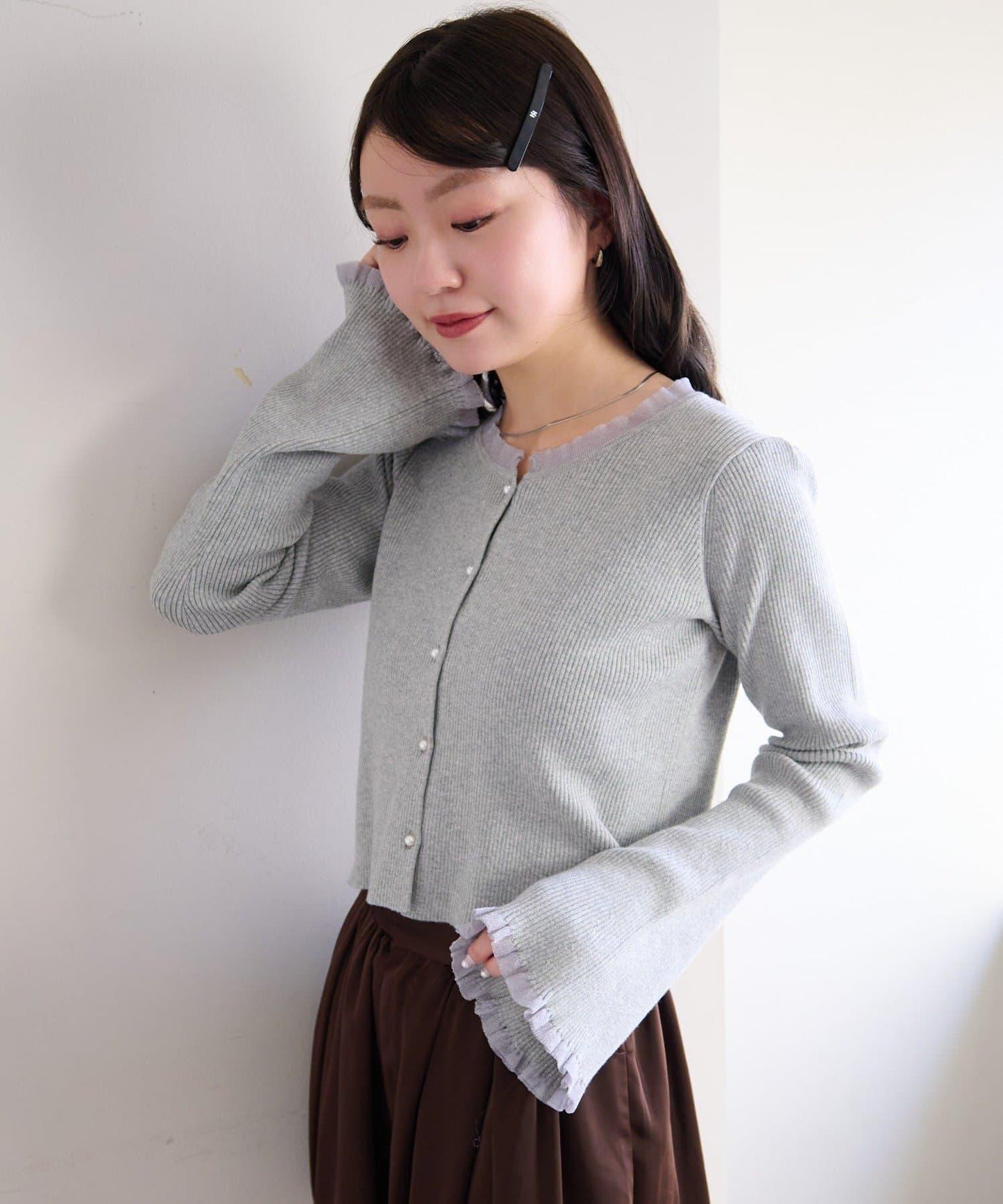 珍珠紐扣荷葉邊針織開衫