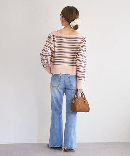 B 條紋做舊 針織開衫 B款