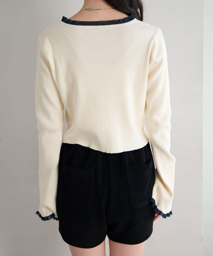 珍珠紐扣荷葉邊針織開衫