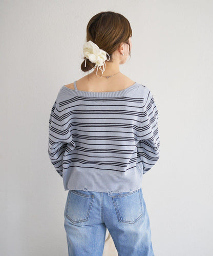 B 條紋做舊 針織開衫 B款