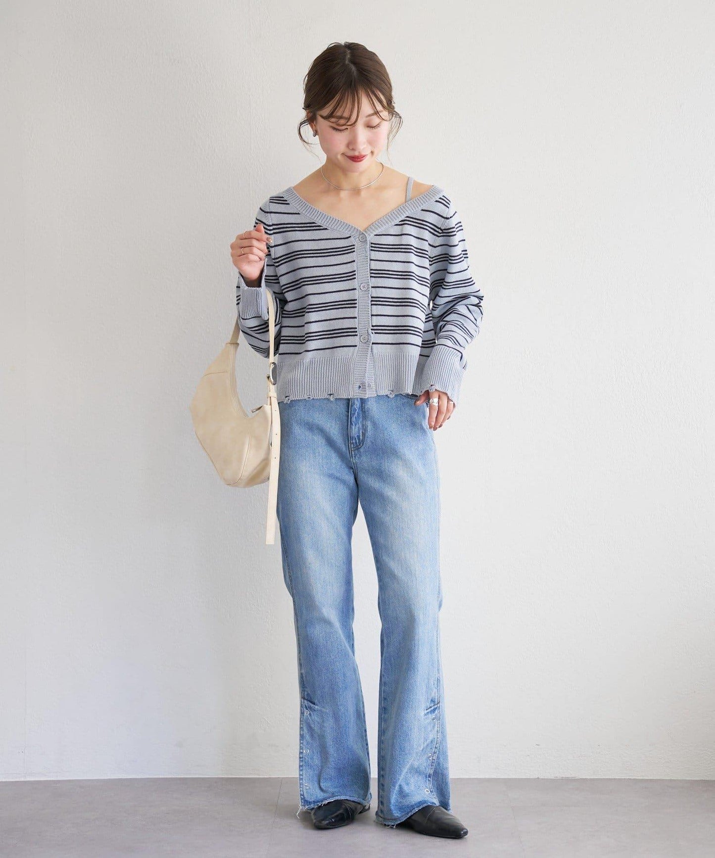 B 條紋做舊 針織開衫 B款