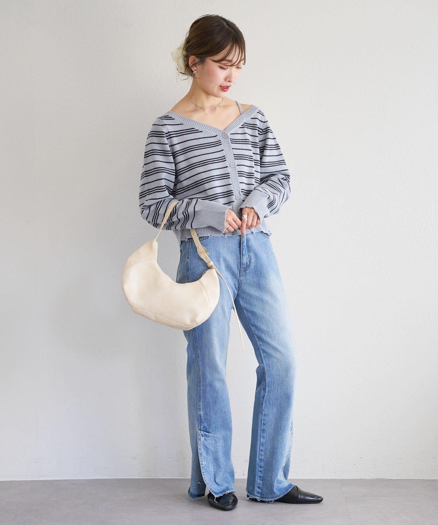 B 條紋做舊 針織開衫 B款