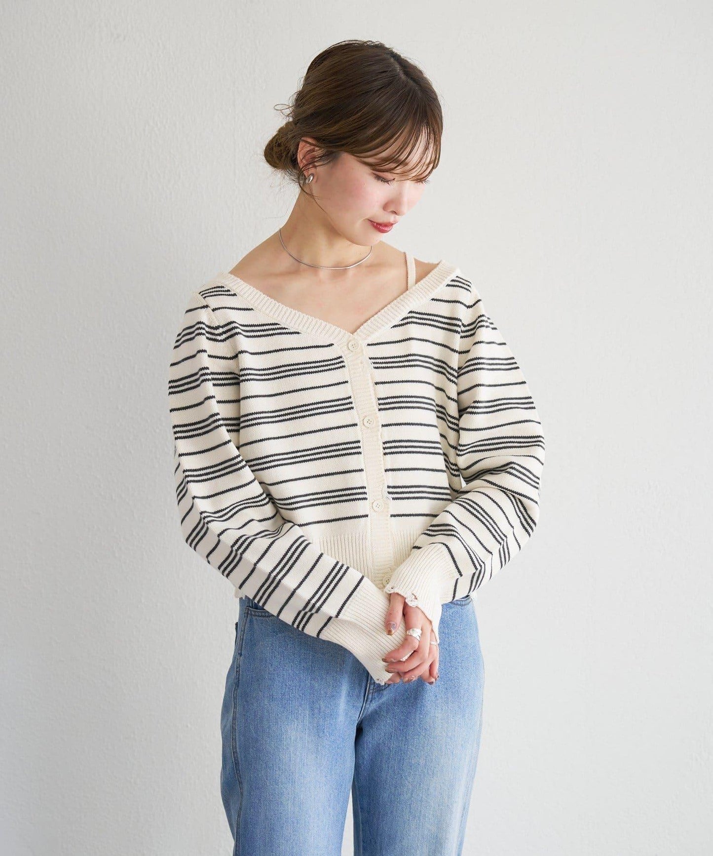 B 條紋做舊 針織開衫 B款