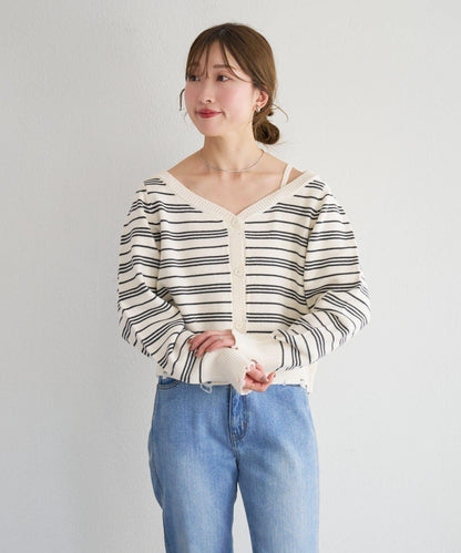 B 條紋做舊 針織開衫 B款