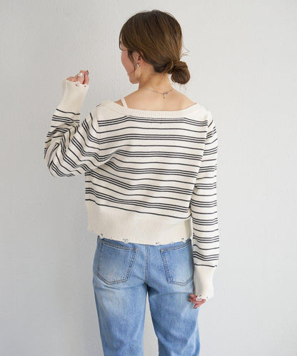 B 條紋做舊 針織開衫 B款