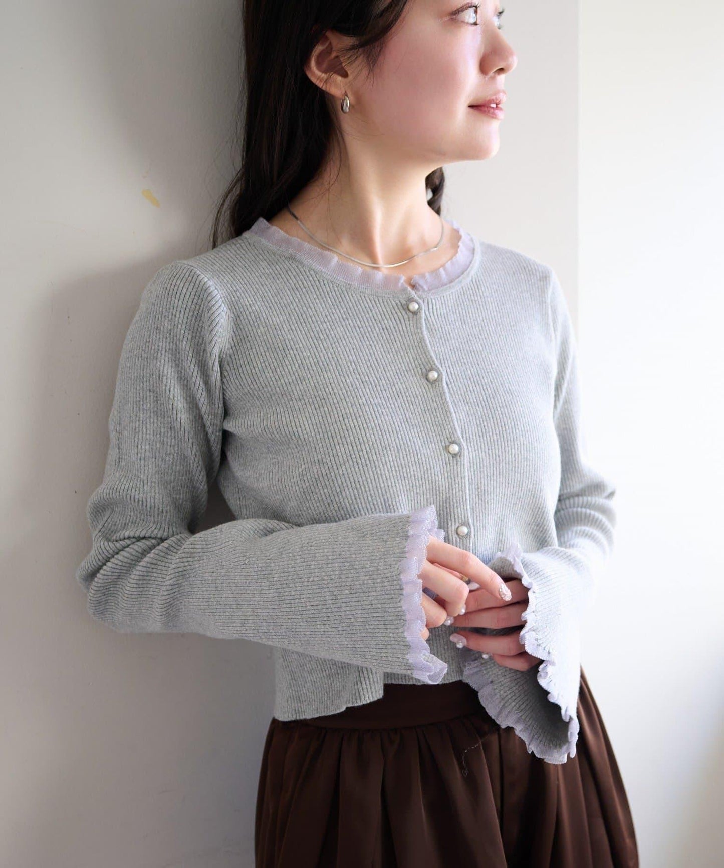 珍珠紐扣荷葉邊針織開衫